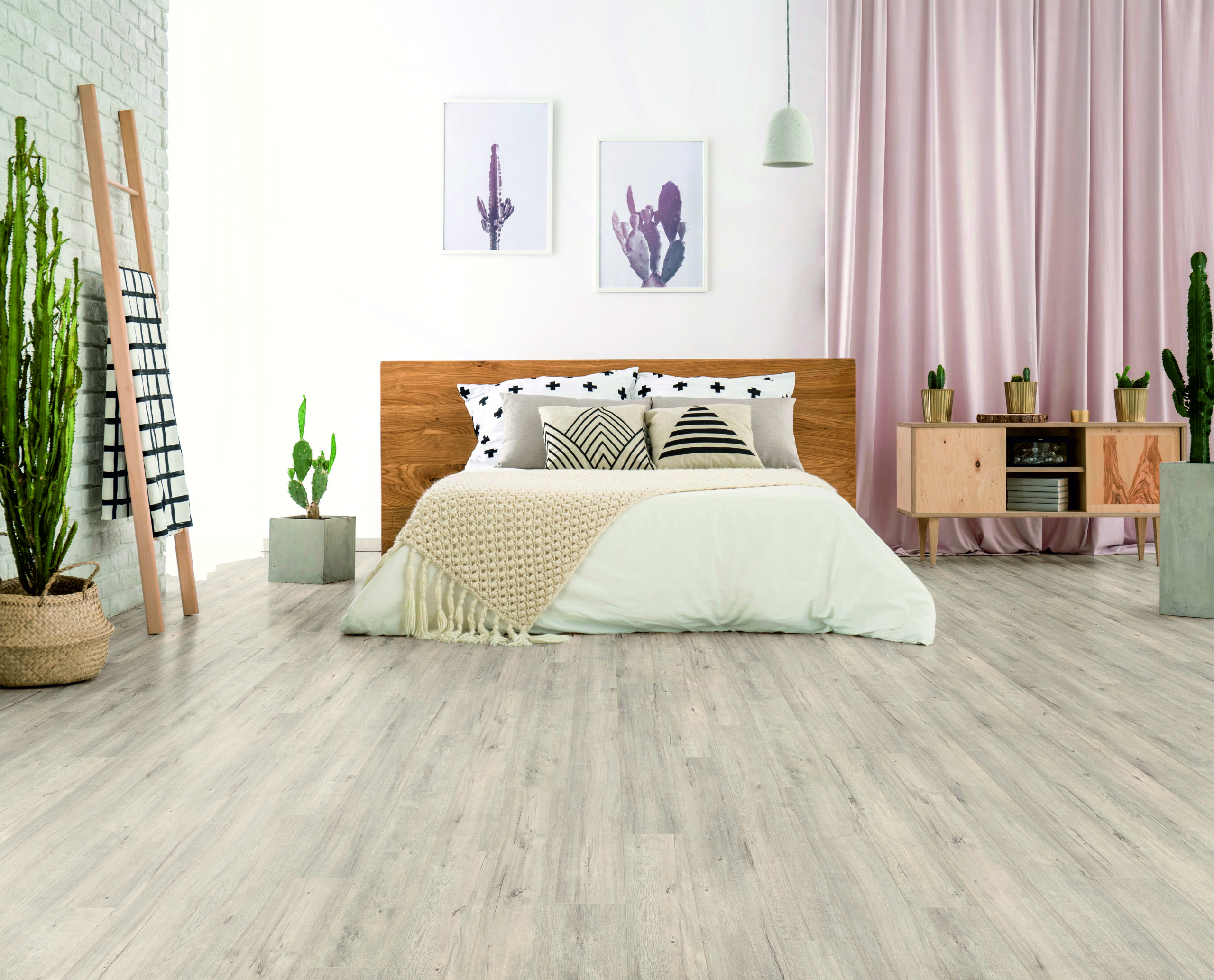 Bright bedroom with cactus motif