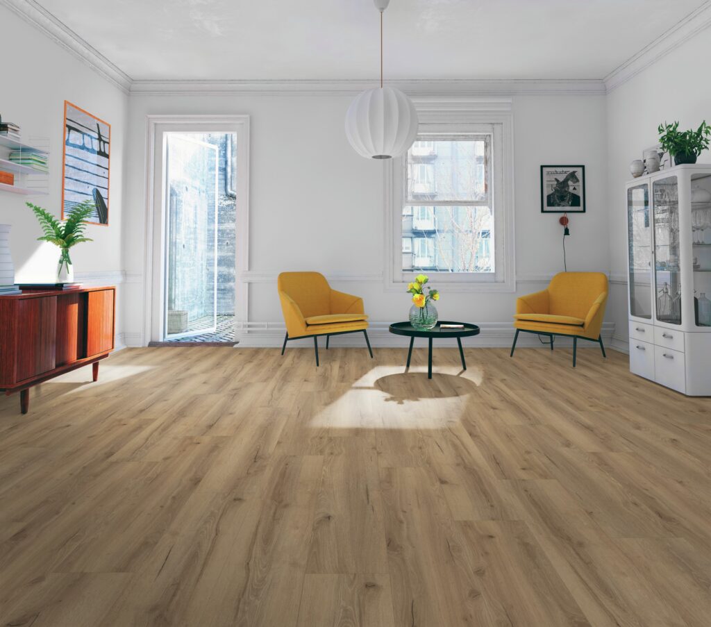 Wohnzimmer mit Vinylboden Eiche Venedig